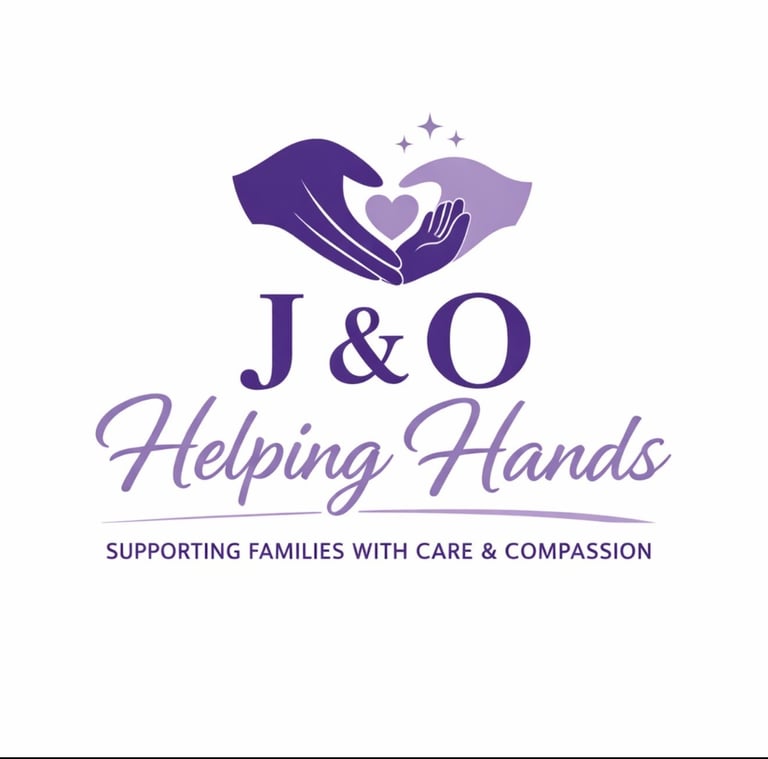 J & O Helping Hands logo featuring two purple hands forming a heart with sparkles and tagline supporting families with care and compassion