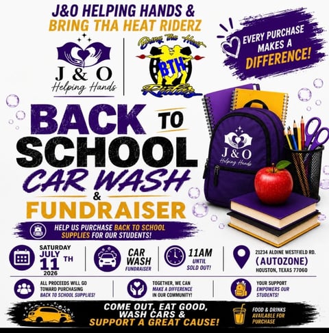 J&O Helping Hands and Bring Tha Heat Riderz Back to School Car Wash fundraiser flyer with event details and school supplies imagery