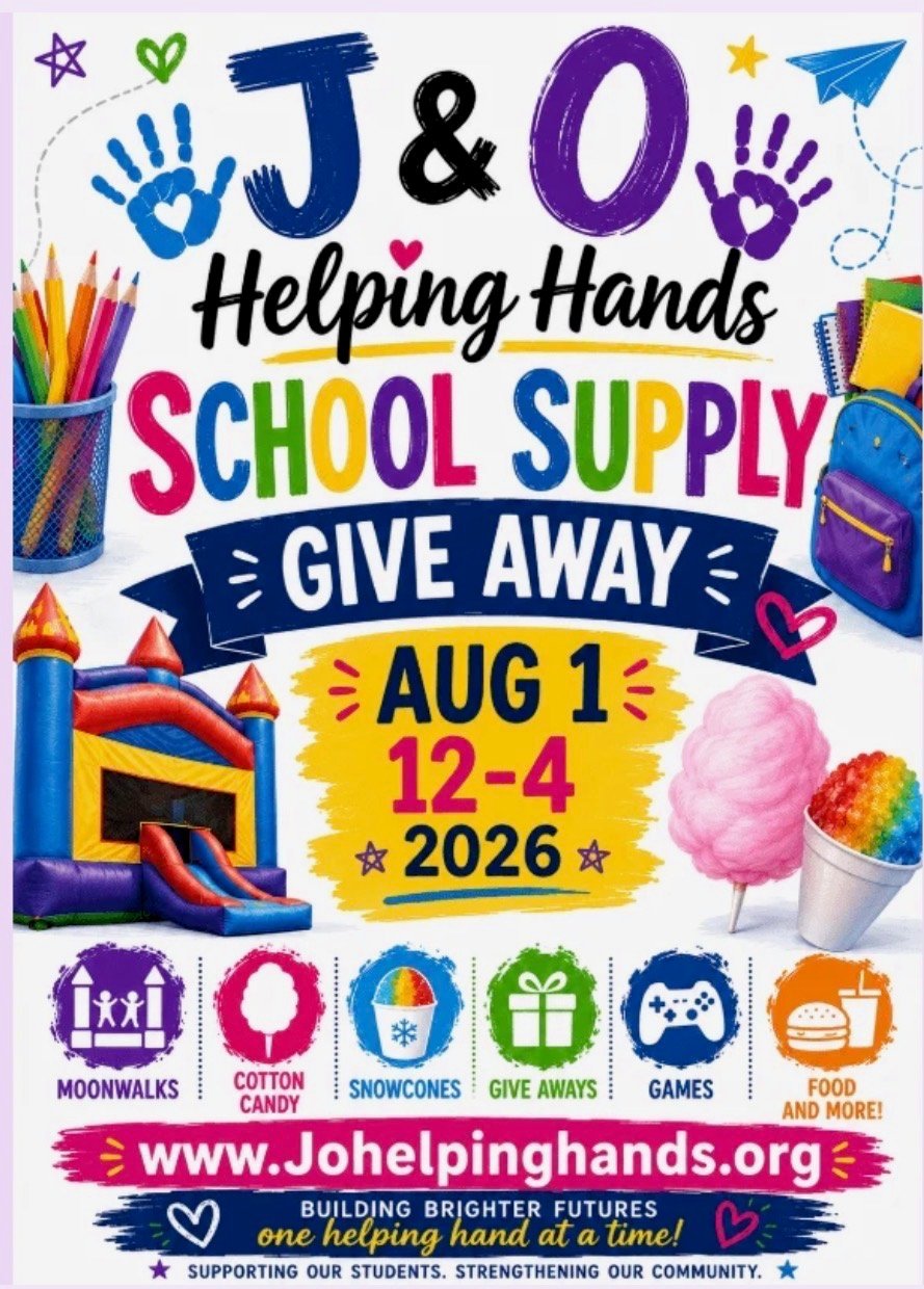 J and O Helping Hands School Supply Giveaway poster advertising free supplies event on August 1, 2026 from 12-4pm