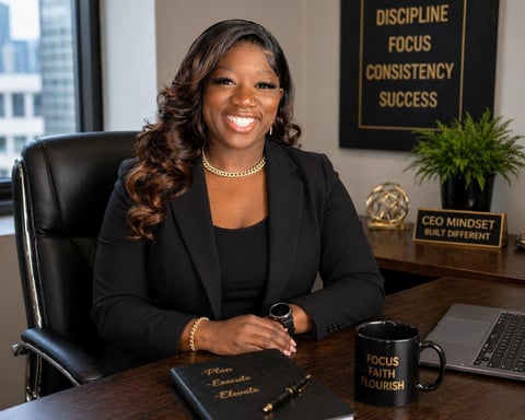 Professional woman in black blazer seated at office desk with motivational wall signs and personalized mug