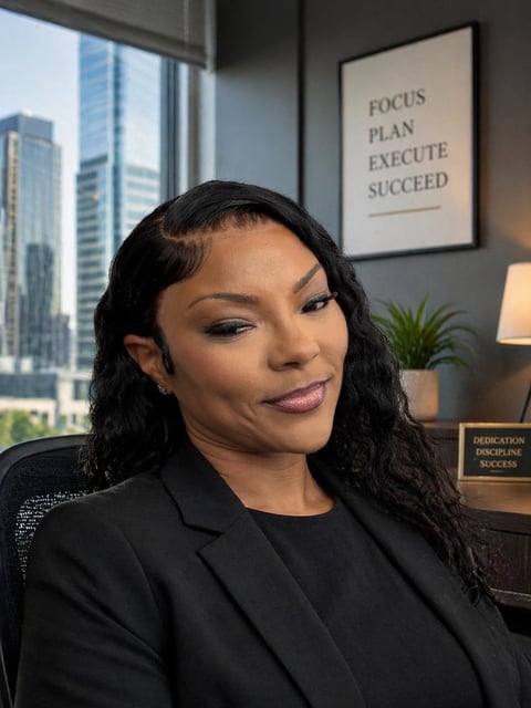 Professional woman in black blazer sitting in modern office with city skyline view and motivational wall art